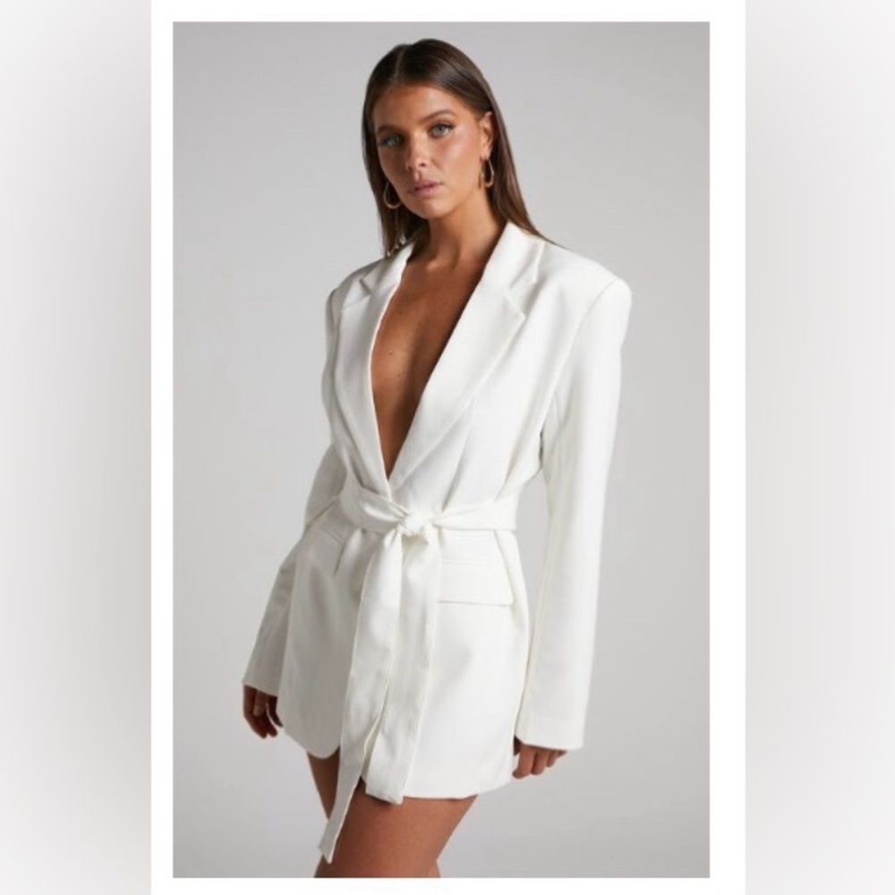 White Tie-Waist Blazer Dress